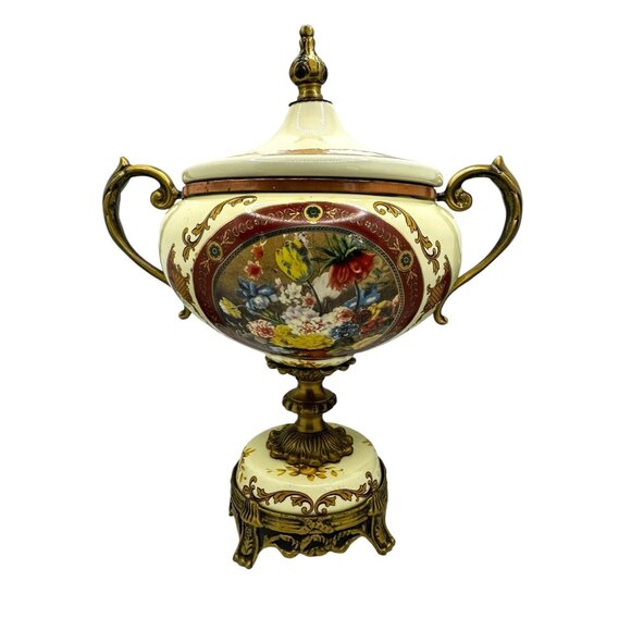Vintage Ornate Porcelain & Brass Lidded Urn With Floral Motif & Dual Handles - Picture 4 of 11